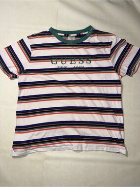 GUESS White Striped Short-Sleeve Tee with Green Logo